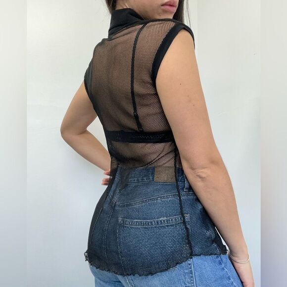 Vintage Y2K Black Mesh Sheer Fish Net Short Sleeve Button Front Top Size M - Picture 4 of 10